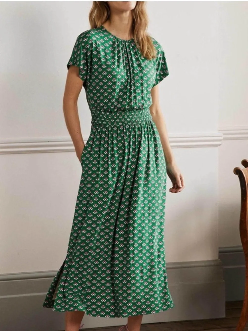 Boden Dress Womens Size 12 Highland Geo Floral Kelly Green Smocked Waist Pockets - Picture 1 of 14